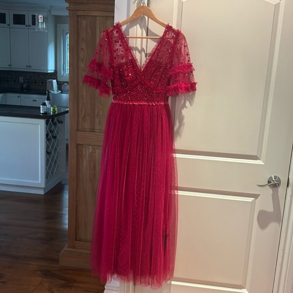 ❌❌SOLD❌❌NWT NEEDLE & THREAD Maybelle Embellished Tulle Fit-&-Flare Dress red 4 - Picture 5 of 13